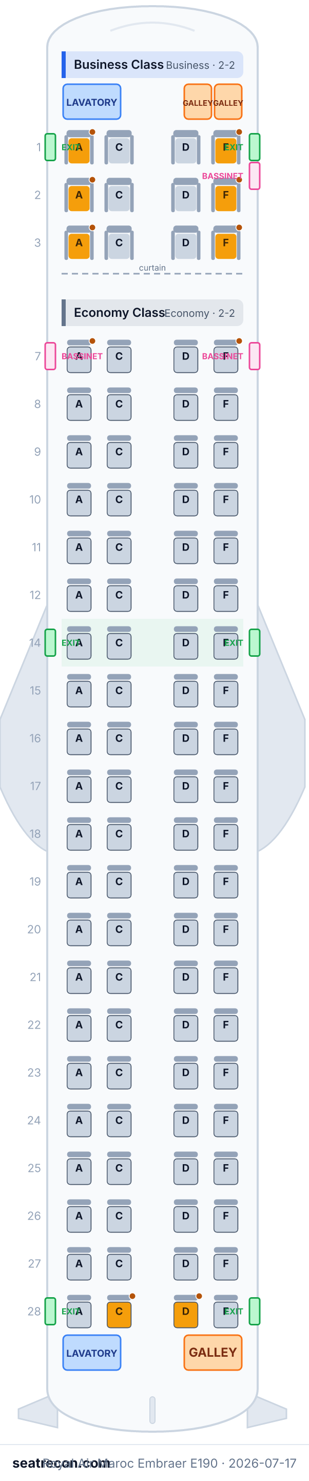 Royal Air Maroc Embraer E190 seat map diagram — Business Class, Economy Class (96 seats)