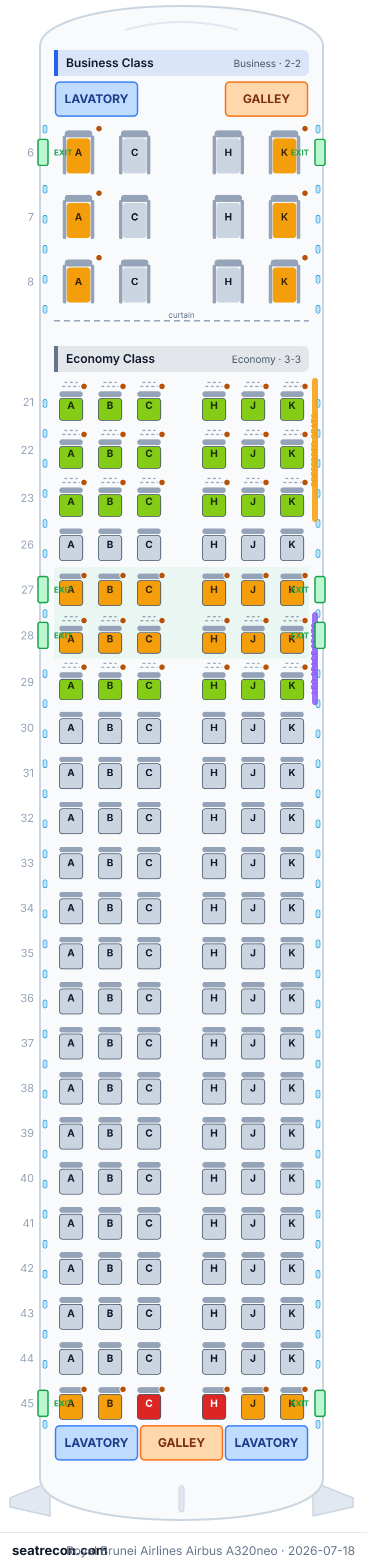 Royal Brunei Airlines Airbus A320neo seat map diagram — Business Class, Economy Class (150 seats)