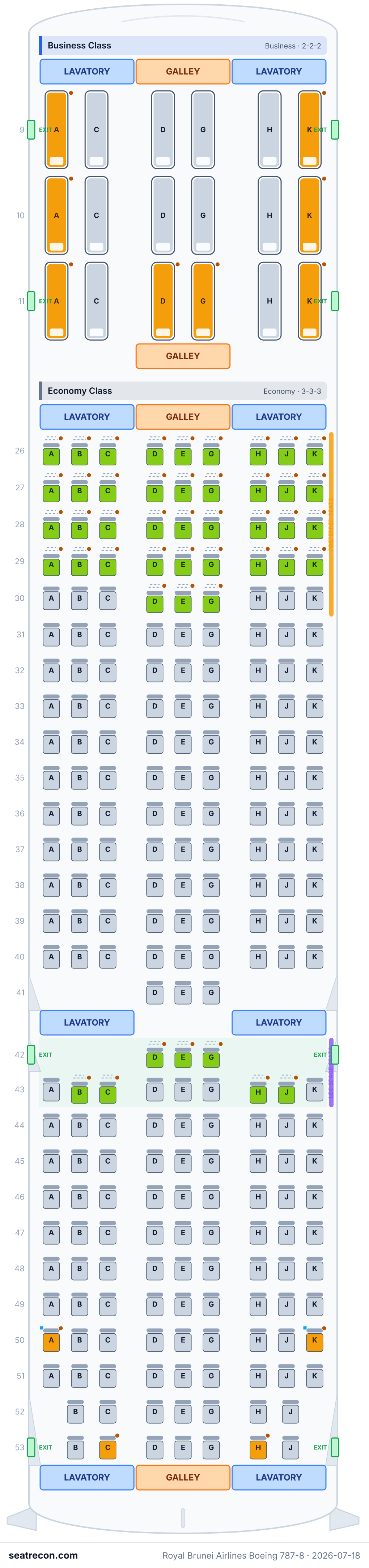 Royal Brunei Airlines Boeing 787-8 seat map diagram — Business Class, Economy Class (254 seats)