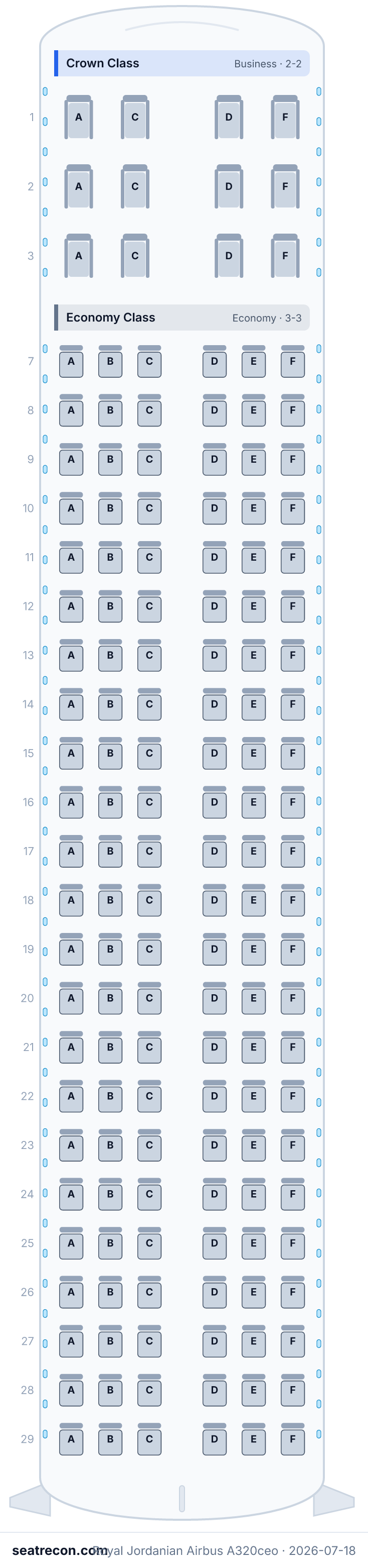 Royal Jordanian Airbus A320ceo seat map diagram — Crown Class, Economy Class (150 seats)