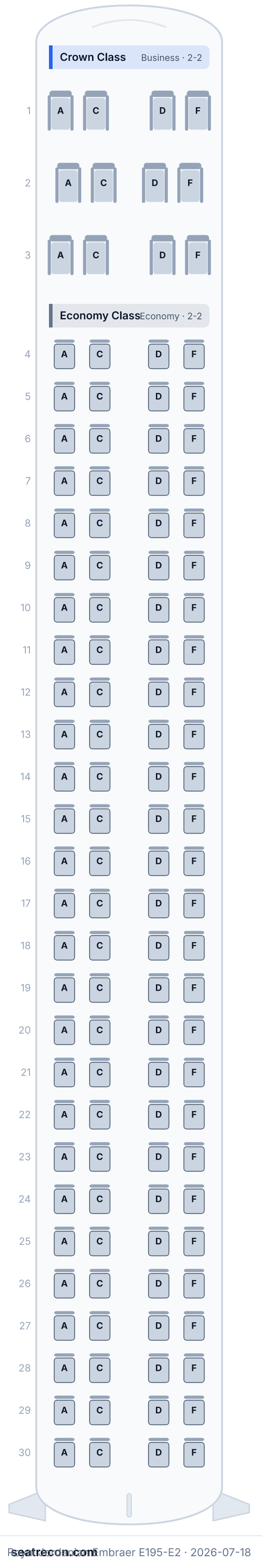 Royal Jordanian Embraer E195-E2 seat map diagram — Crown Class, Economy Class (120 seats)