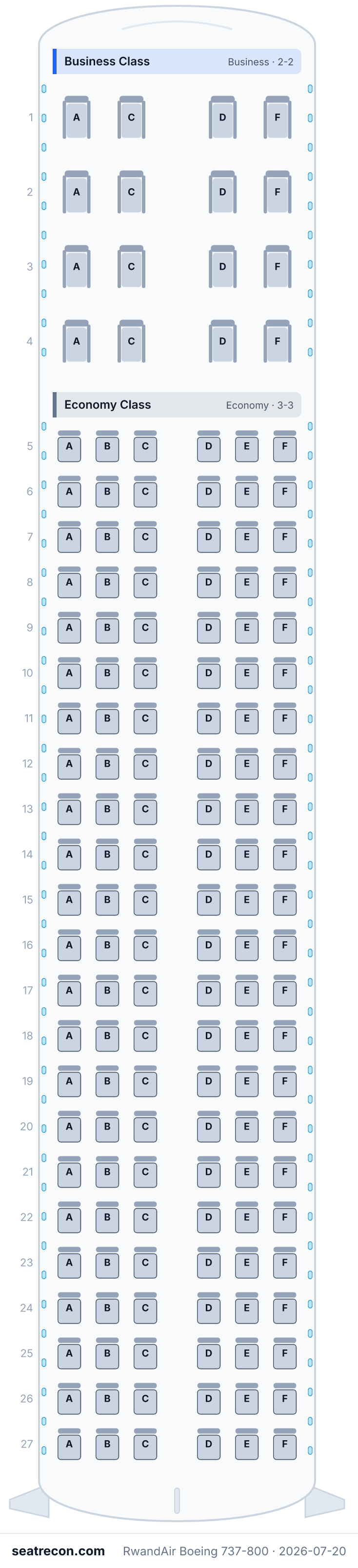 RwandAir Boeing 737-800 seat map (16J/138Y)