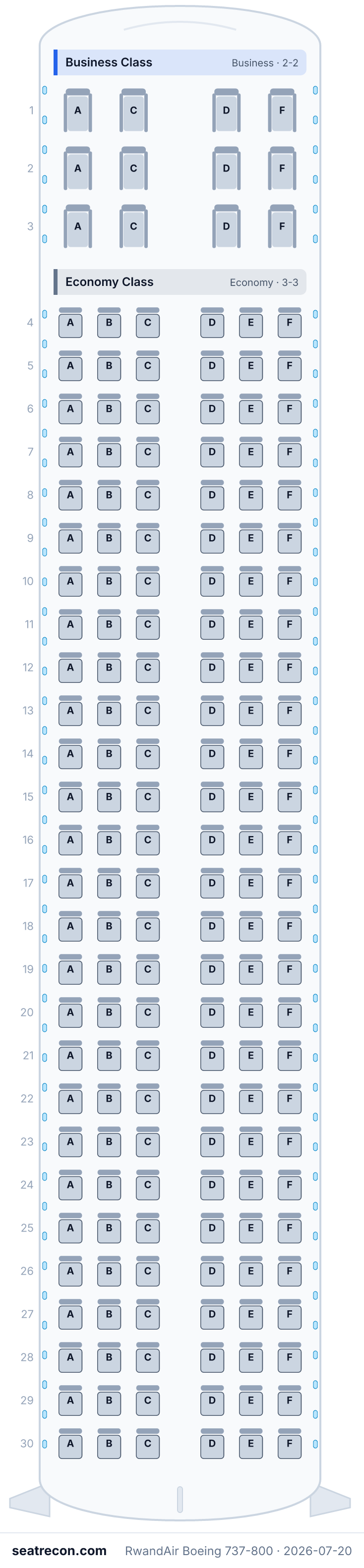 RwandAir Boeing 737-800 seat map (12J/162Y)