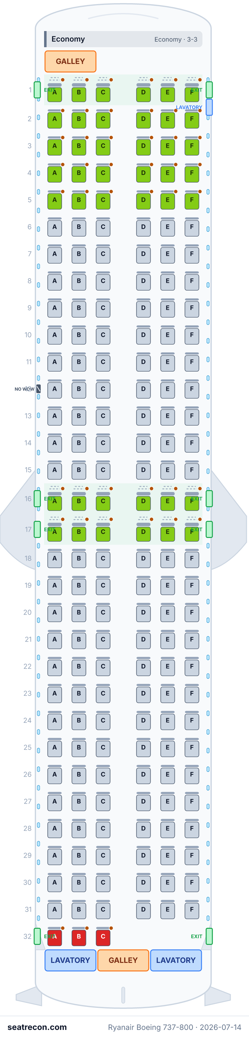 Ryanair Boeing 737-800 seat map diagram — Economy (189 seats)