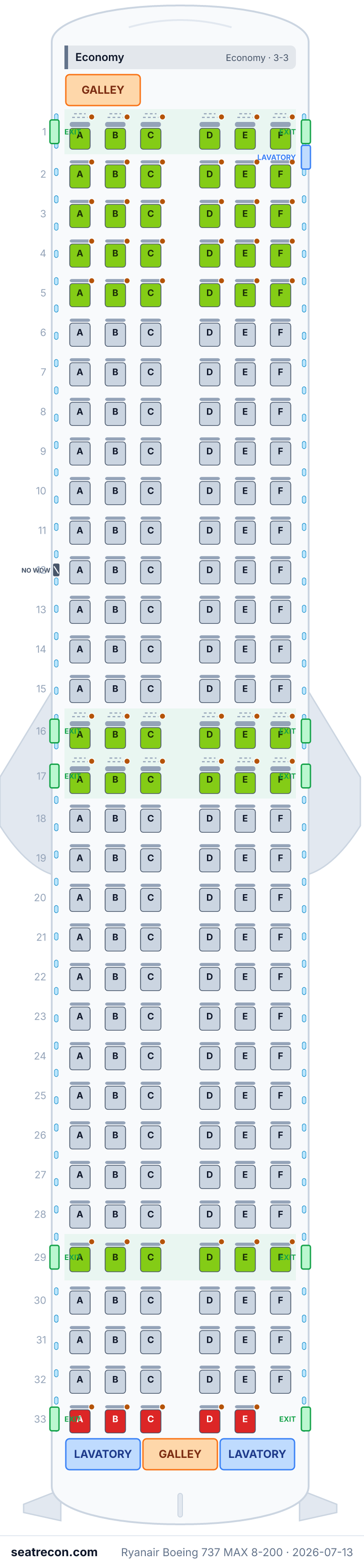 Ryanair Boeing 737 MAX 8-200 seat map diagram — Economy (197 seats)