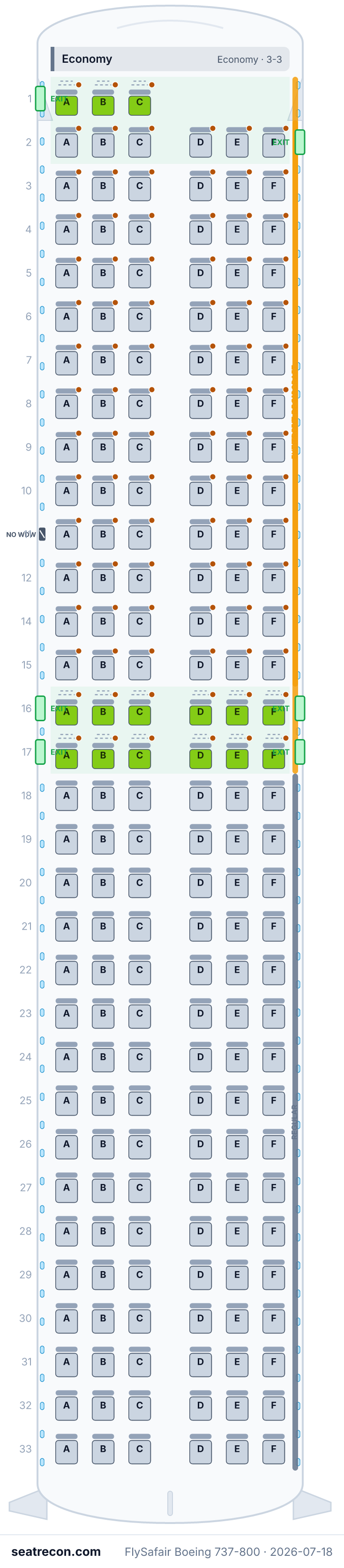FlySafair Boeing 737-800 seat map diagram — Economy (189 seats)