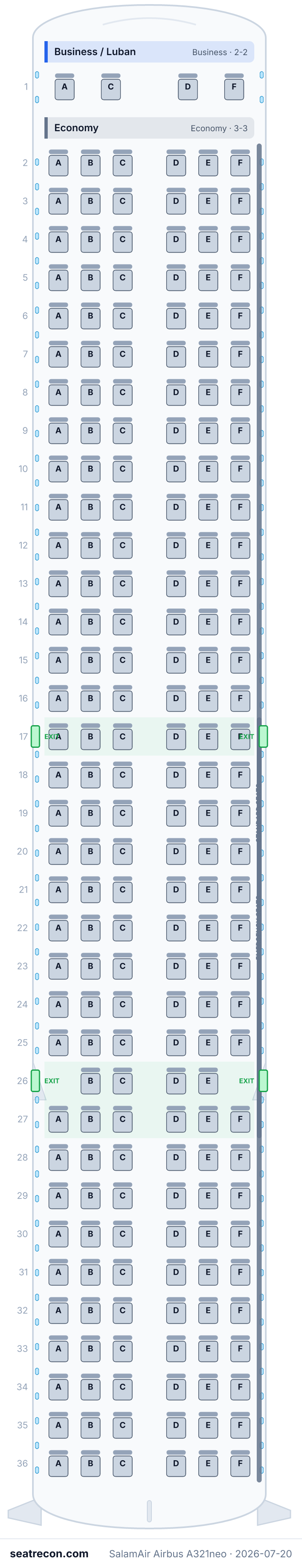 SalamAir Airbus A321neo seat map (4J/208Y)