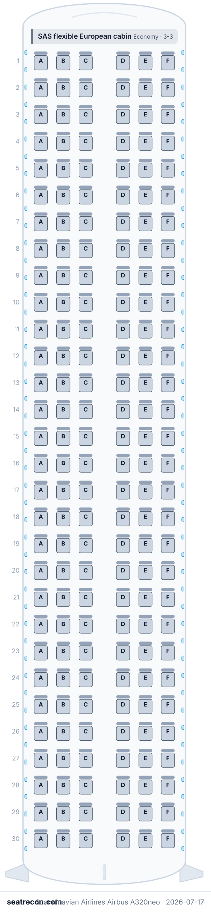 Scandinavian Airlines Airbus A320neo seat map diagram — SAS flexible European cabin (180 seats)