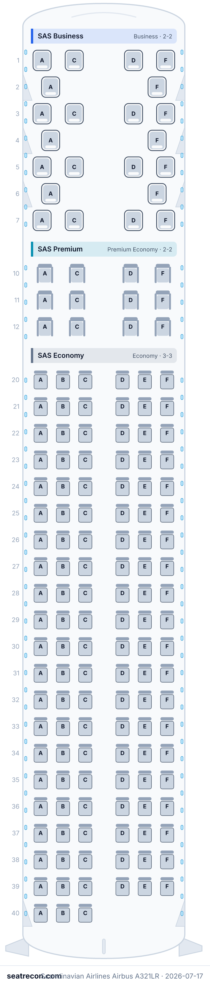 Scandinavian Airlines Airbus A321LR seat map diagram — SAS Business, SAS Premium, SAS Economy (157 seats)