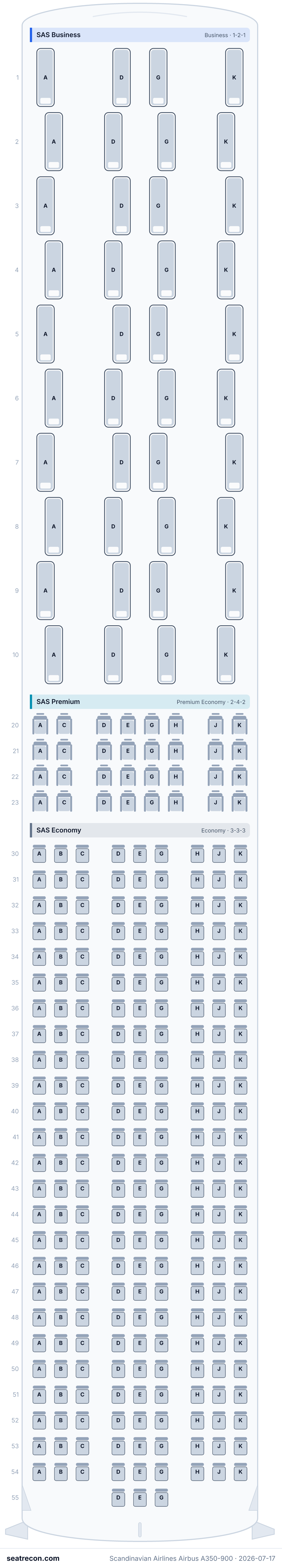 Scandinavian Airlines Airbus A350-900 seat map diagram — SAS Business, SAS Premium, SAS Economy (300 seats)