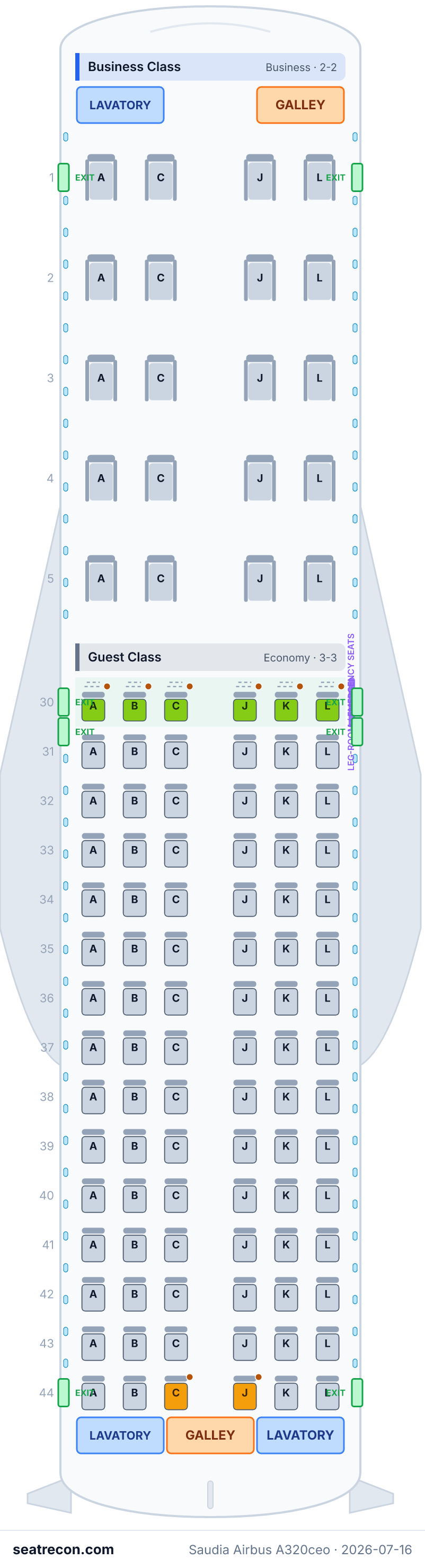Saudia Airbus A320ceo seat map diagram — Business Class, Guest Class (110 seats)