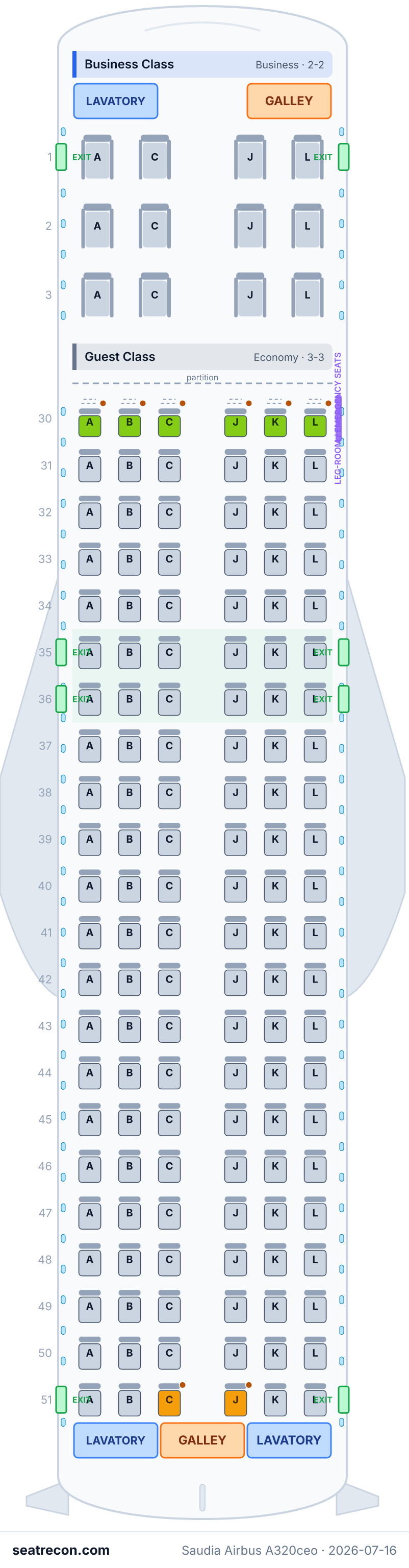 Saudia Airbus A320ceo seat map diagram — Business Class, Guest Class (144 seats)