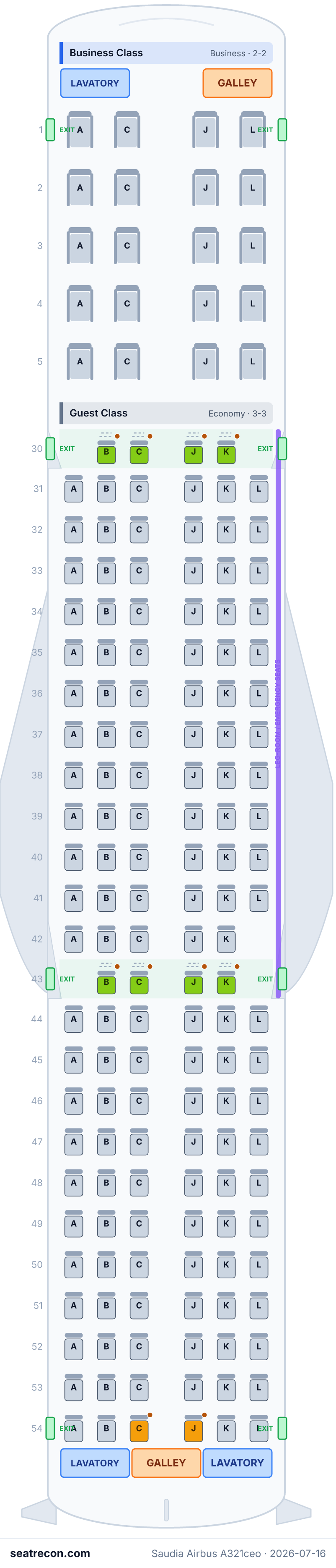 Saudia Airbus A321ceo seat map diagram — Business Class, Guest Class (165 seats)