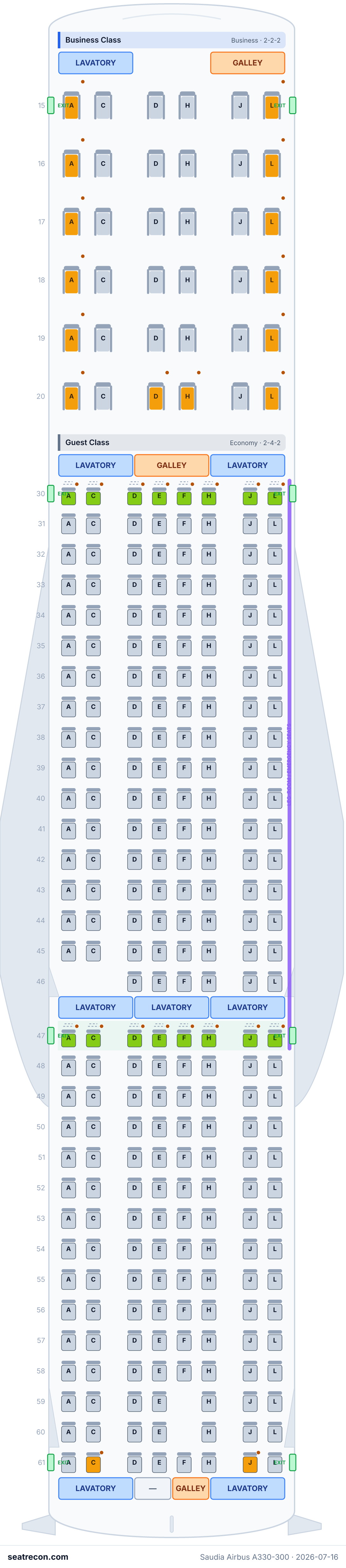 Saudia Airbus A330-300 seat map diagram — Business Class, Guest Class (288 seats)