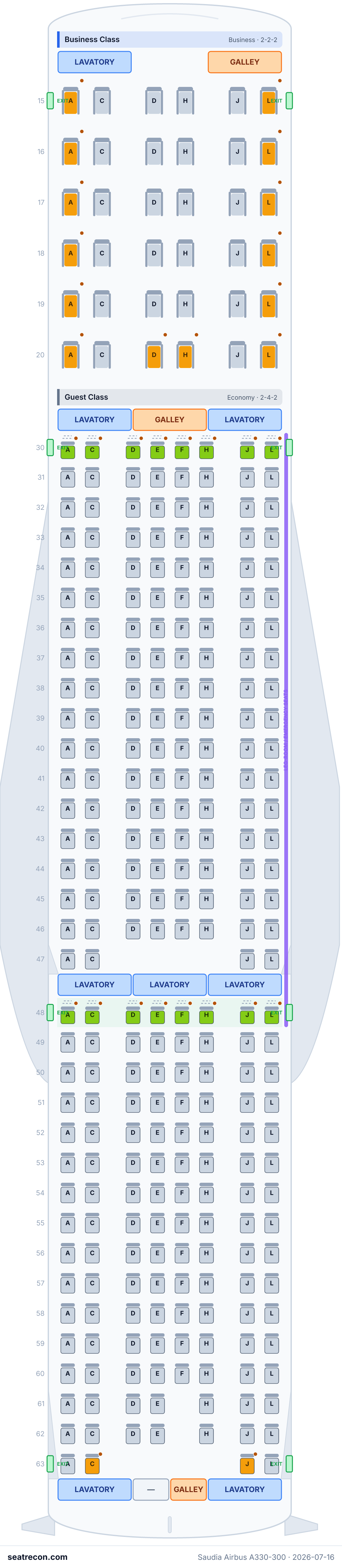 Saudia Airbus A330-300 seat map diagram — Business Class, Guest Class (298 seats)