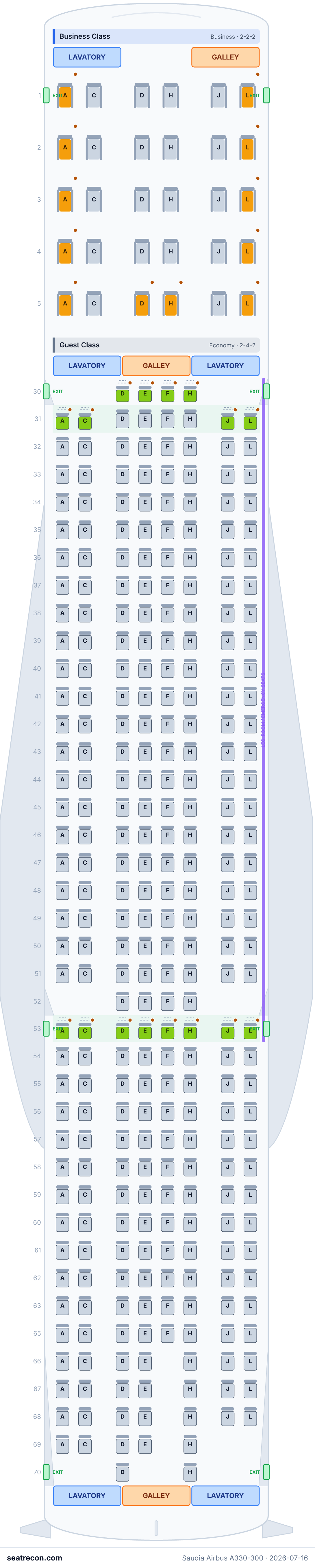 Saudia Airbus A330-300 seat map diagram — Business Class, Guest Class (330 seats)