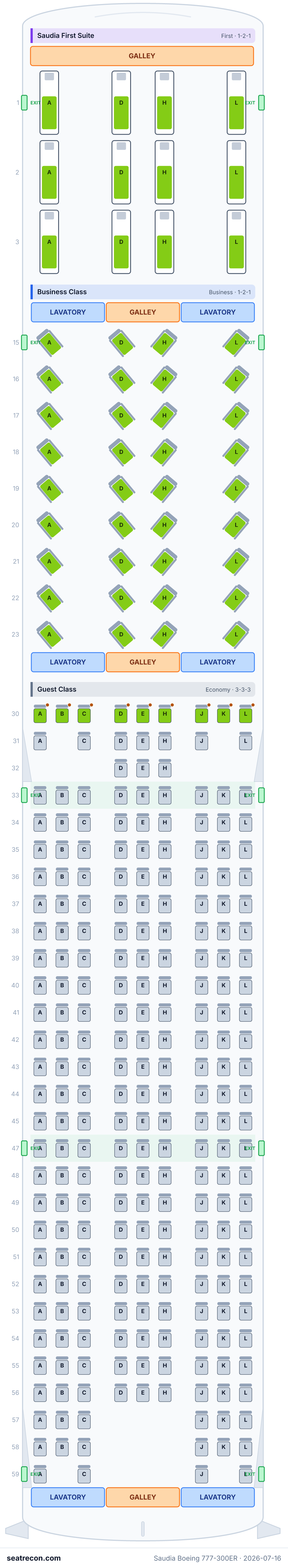 Saudia Boeing 777-300ER seat map diagram — Saudia First Suite, Business Class, Guest Class (290 seats)