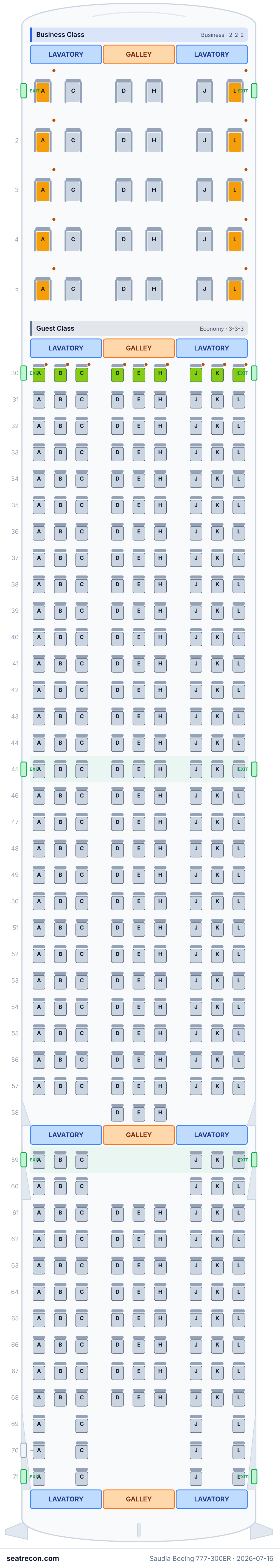 Saudia Boeing 777-300ER seat map diagram — Business Class, Guest Class (381 seats)