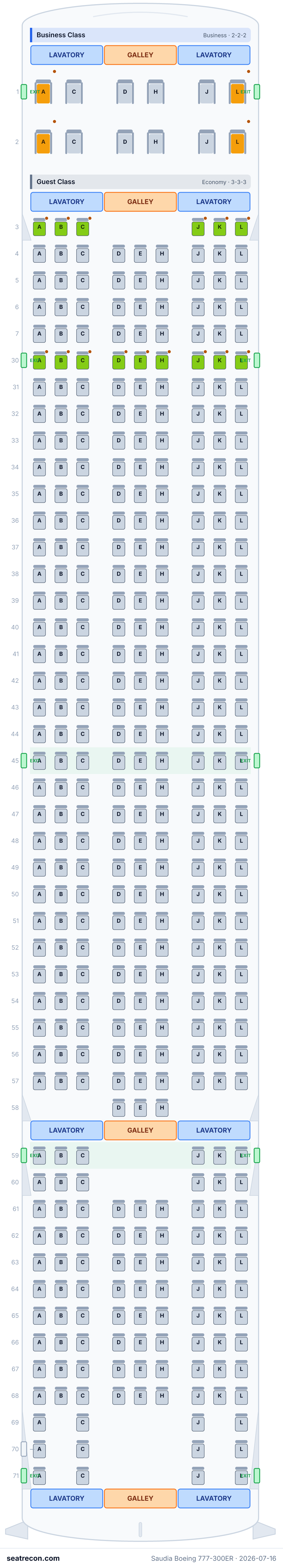 Saudia Boeing 777-300ER seat map diagram — Business Class, Guest Class (405 seats)