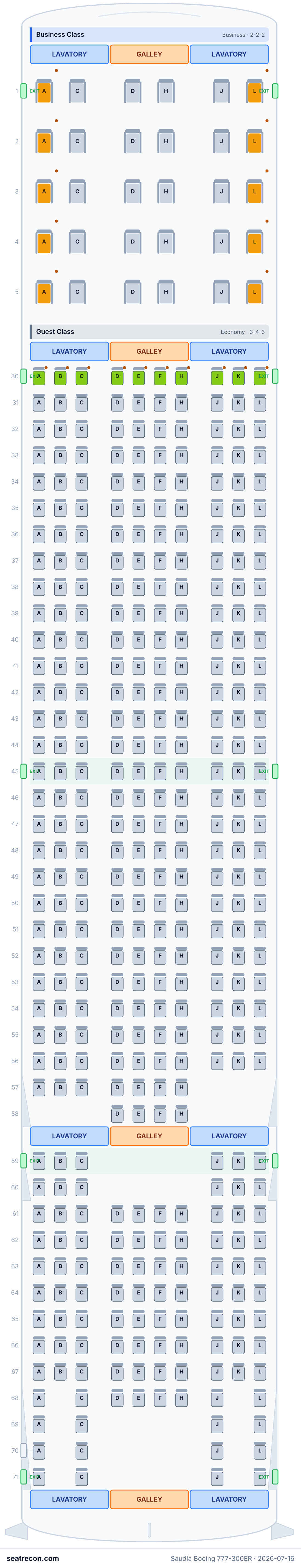 Saudia Boeing 777-300ER seat map diagram — Business Class, Guest Class (413 seats)