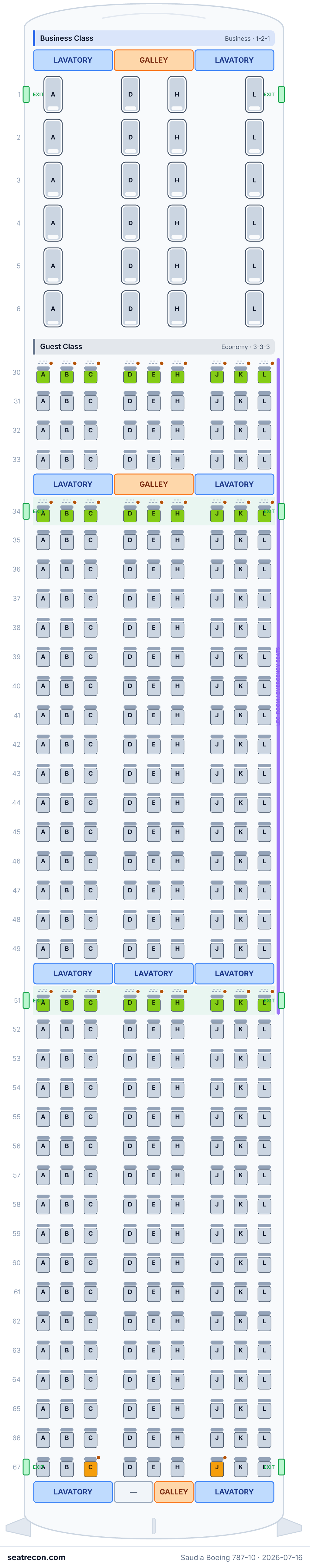 Saudia Boeing 787-10 seat map diagram — Business Class, Guest Class (357 seats)