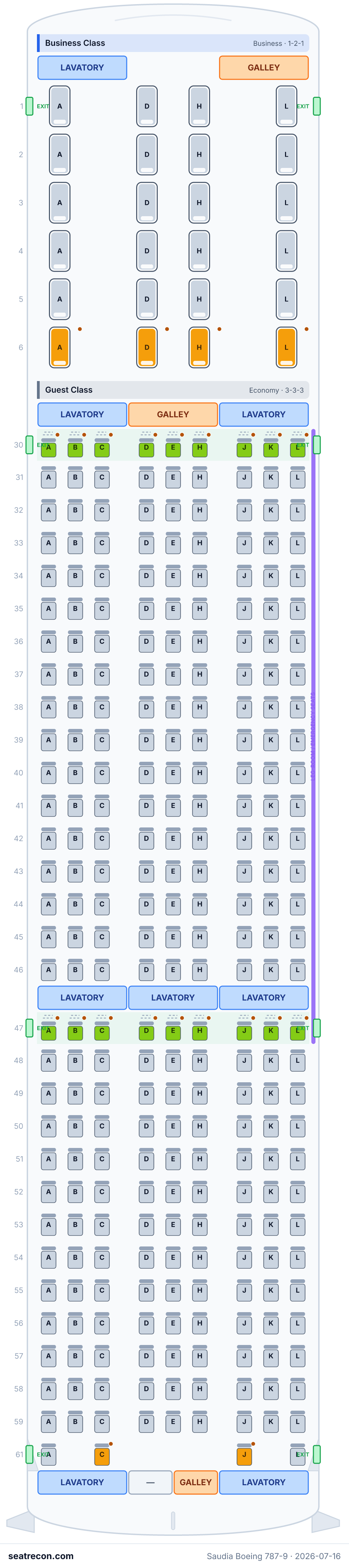 Saudia Boeing 787-9 seat map diagram — Business Class, Guest Class (298 seats)