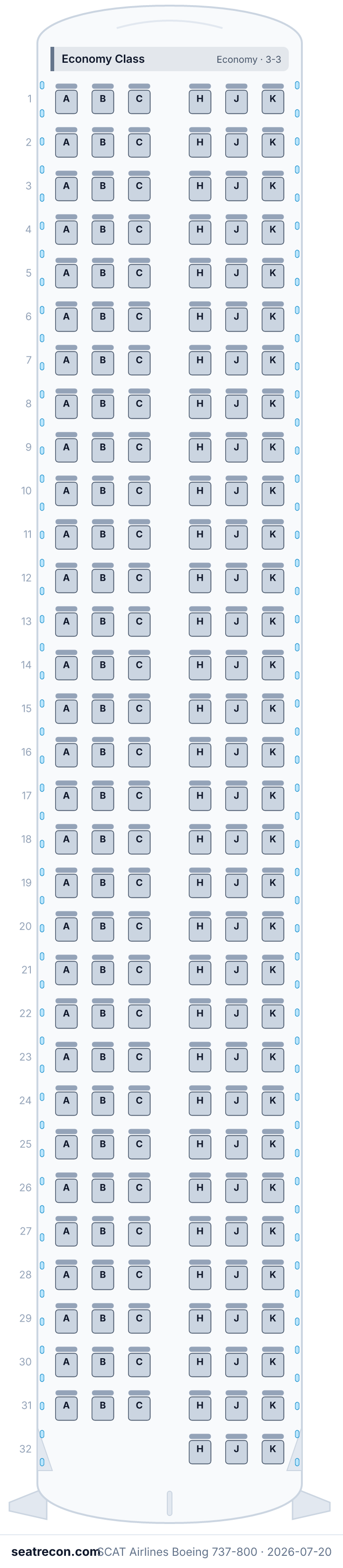 SCAT Airlines Boeing 737-800 seat map (189Y)