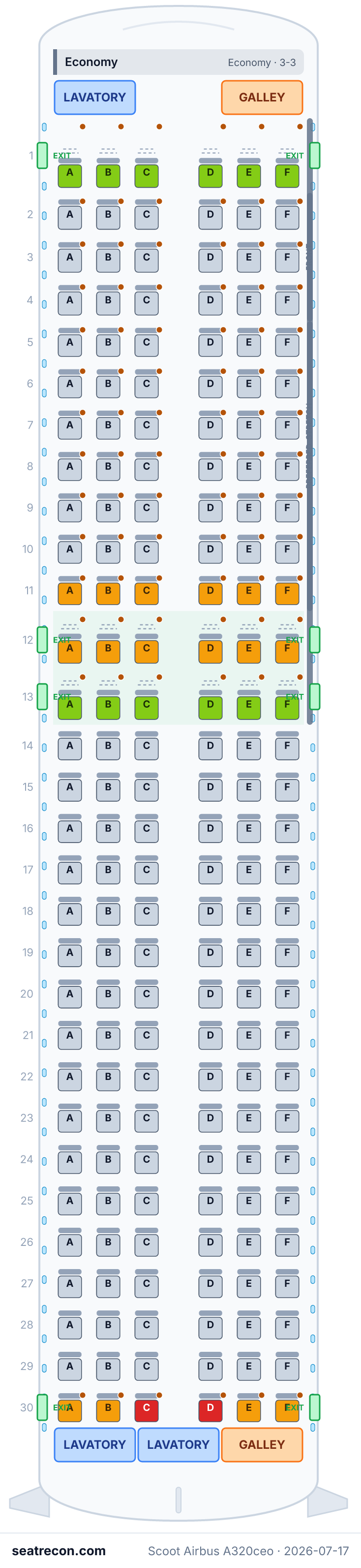 Scoot Airbus A320ceo seat map diagram — Economy (180 seats)