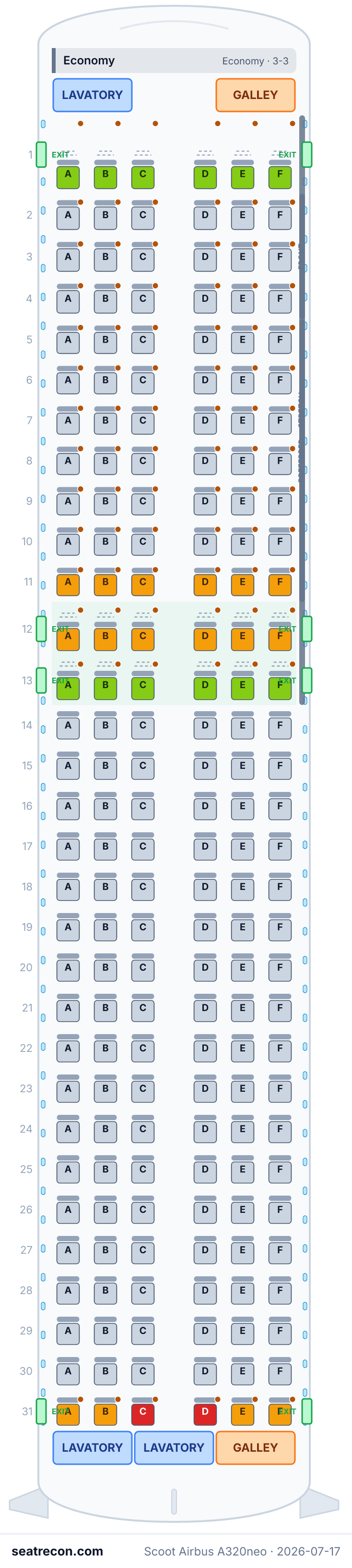 Scoot Airbus A320neo seat map diagram — Economy (186 seats)