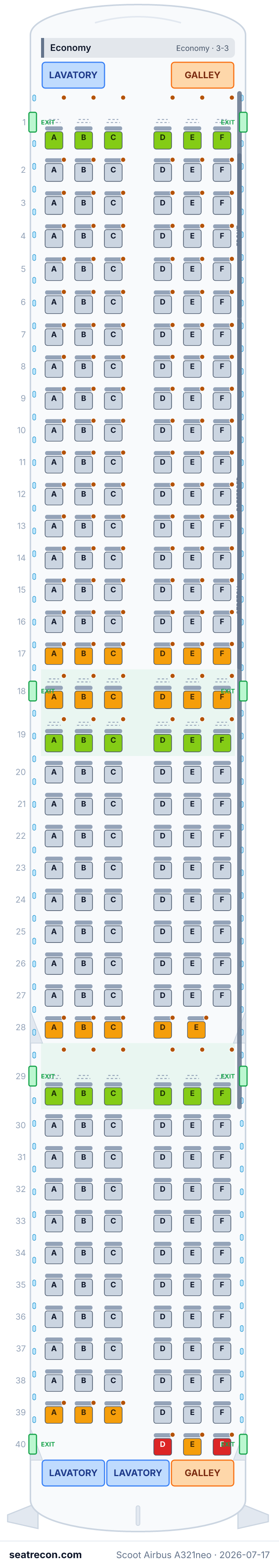 Scoot Airbus A321neo seat map diagram — Economy (236 seats)