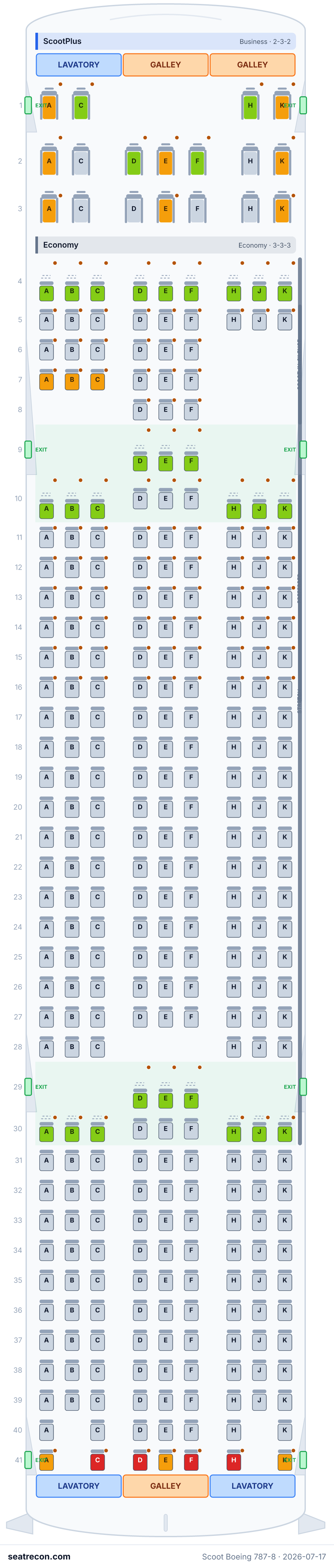 Scoot Boeing 787-8 seat map diagram — ScootPlus, Economy (329 seats)