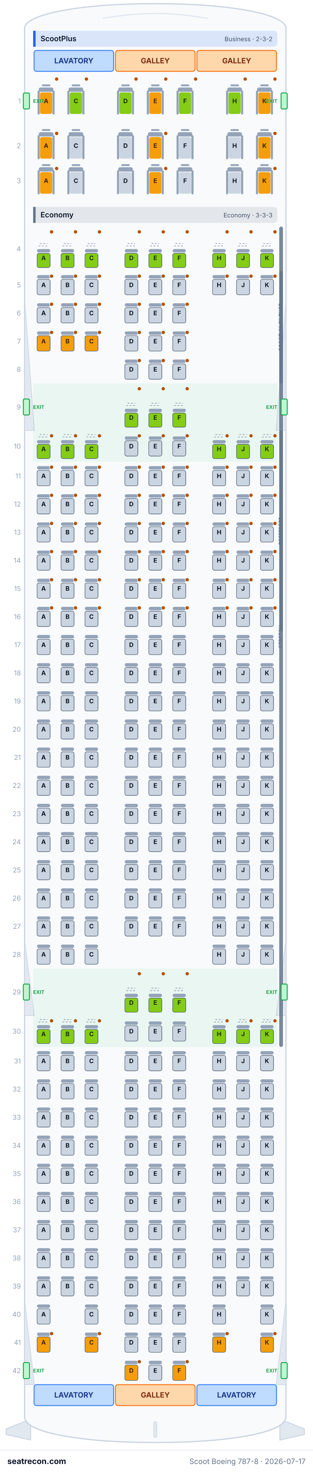 Scoot Boeing 787-8 seat map diagram — ScootPlus, Economy (335 seats)