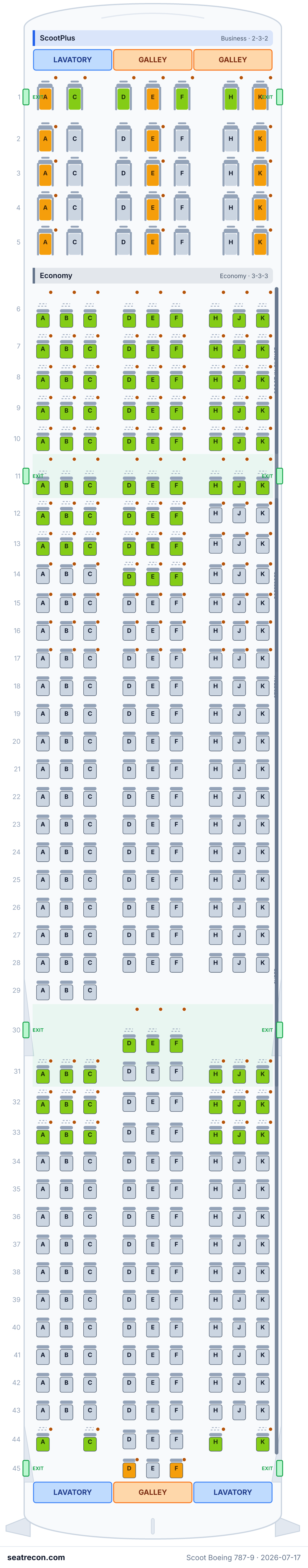 Scoot Boeing 787-9 seat map diagram — ScootPlus, Economy (375 seats)