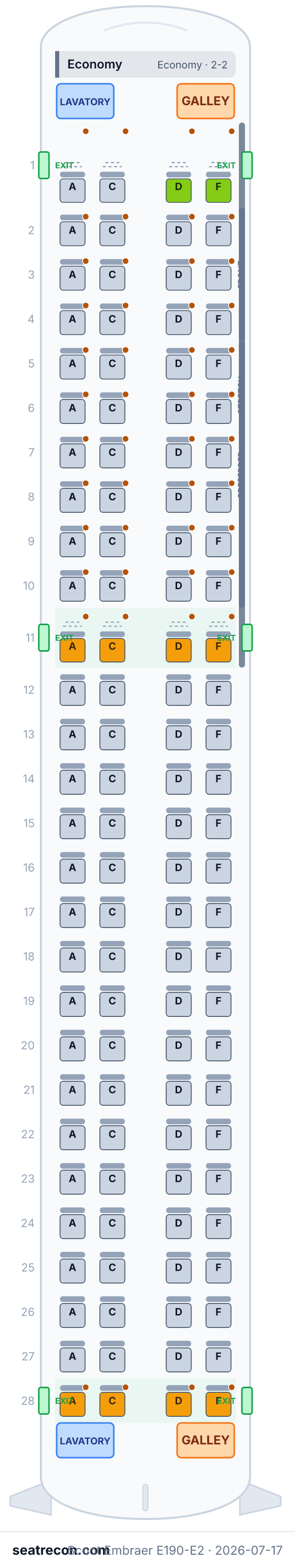 Scoot Embraer E190-E2 seat map diagram — Economy (112 seats)