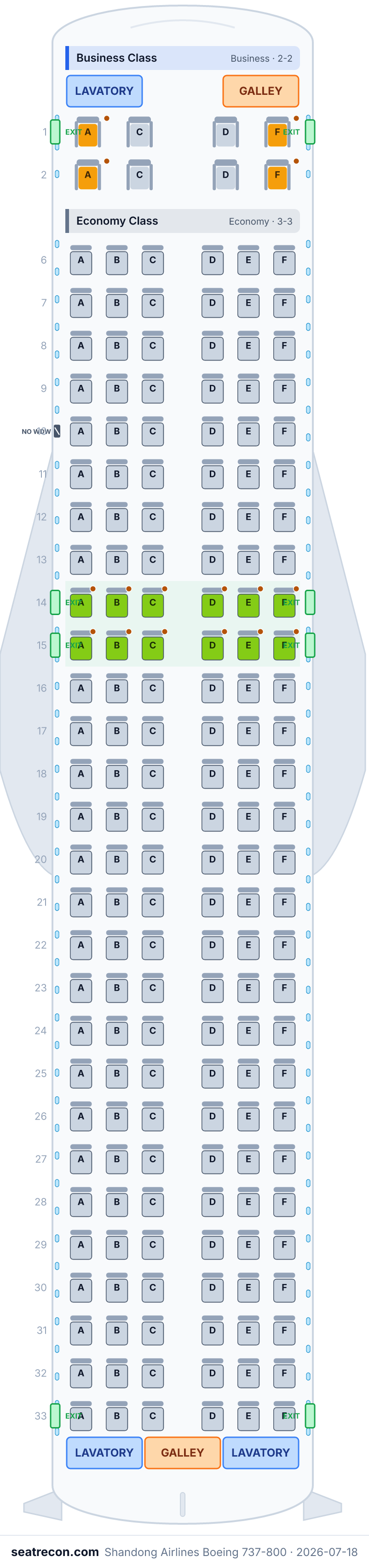 Shandong Airlines Boeing 737-800 seat map diagram — Business Class, Economy Class (176 seats)