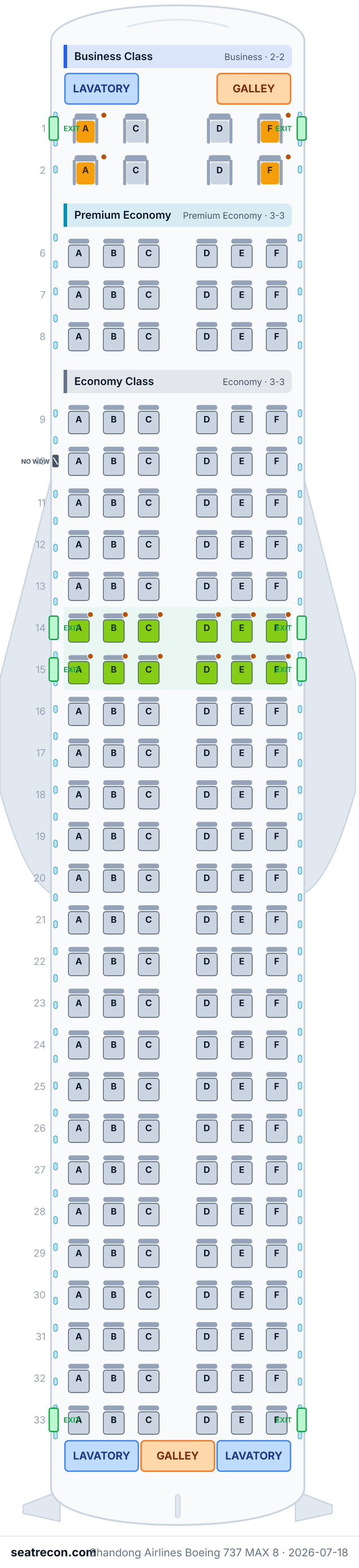 Shandong Airlines Boeing 737 MAX 8 seat map diagram — Business Class, Premium Economy, Economy Class (176 seats)