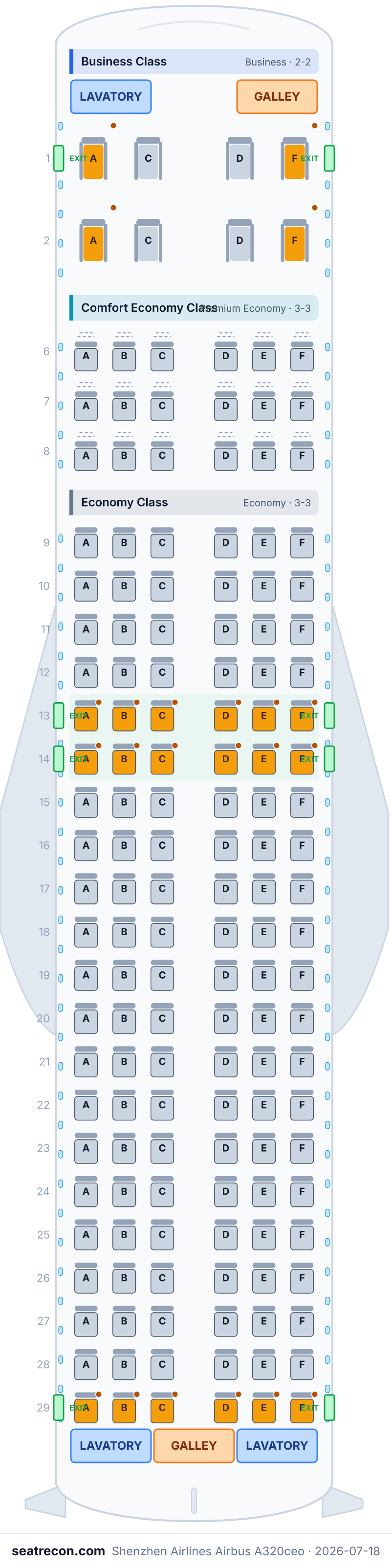 Shenzhen Airlines Airbus A320ceo seat map diagram — Business Class, Comfort Economy Class, Economy Class (152 seats)
