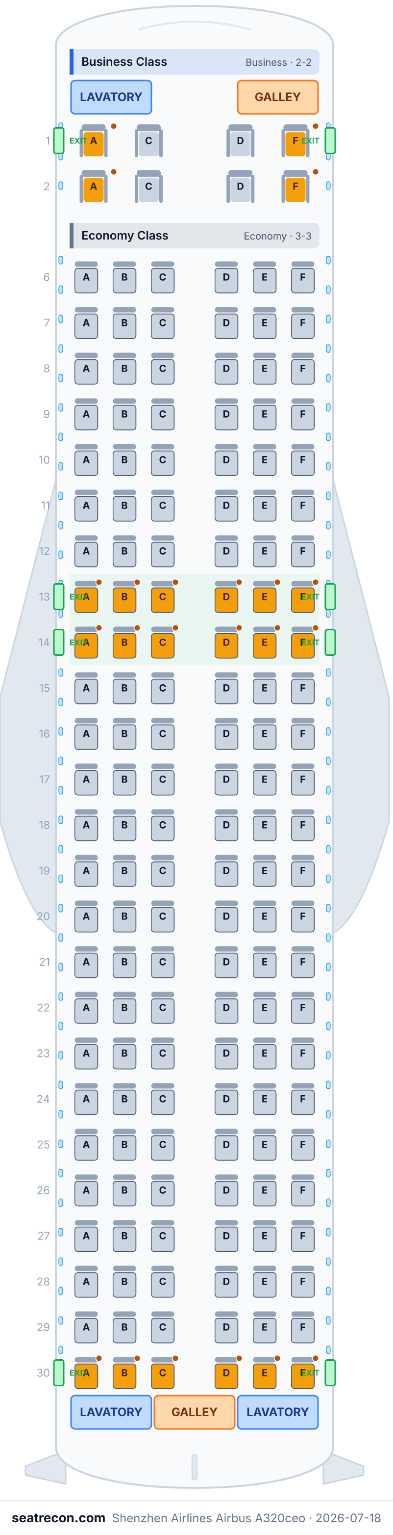 Shenzhen Airlines Airbus A320ceo seat map diagram — Business Class, Economy Class (158 seats)