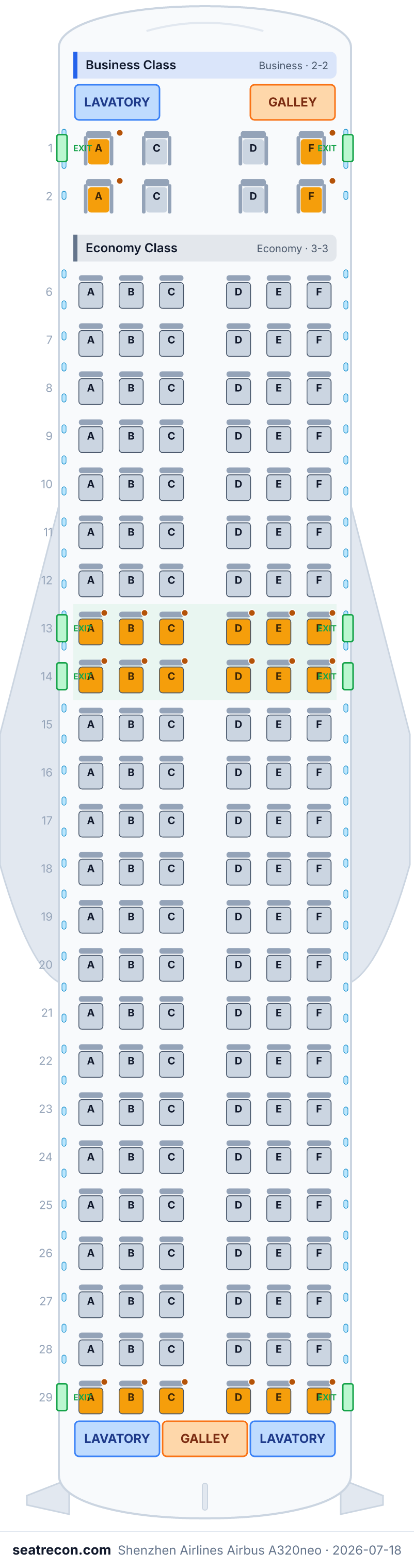 Shenzhen Airlines Airbus A320neo seat map diagram — Business Class, Economy Class (152 seats)