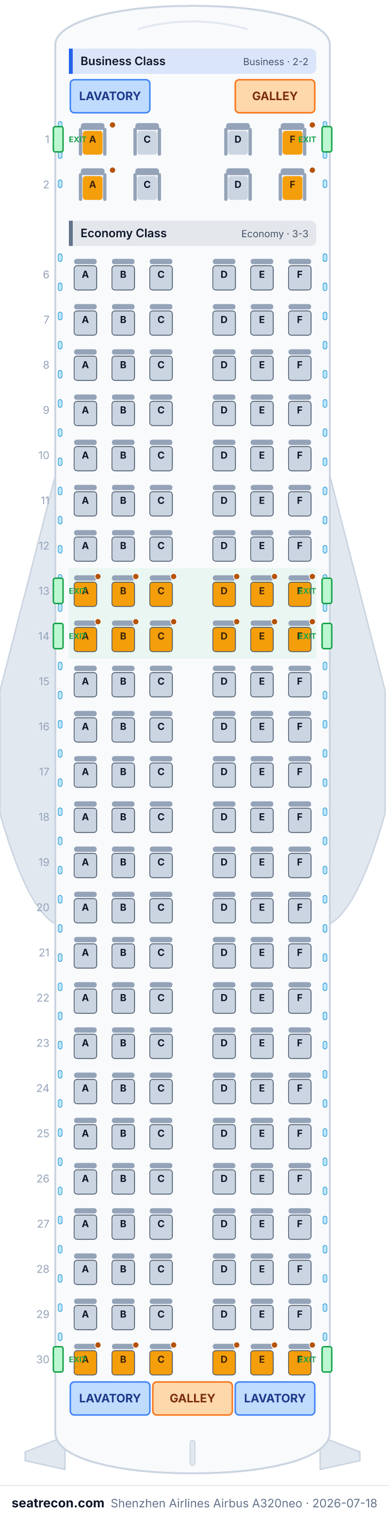 Shenzhen Airlines Airbus A320neo seat map diagram — Business Class, Economy Class (158 seats)