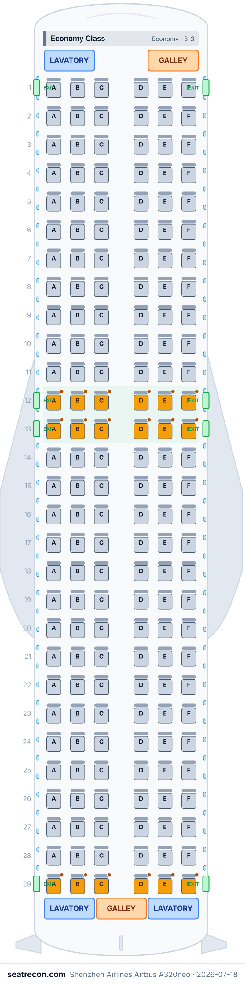 Shenzhen Airlines Airbus A320neo seat map diagram — Economy Class (174 seats)