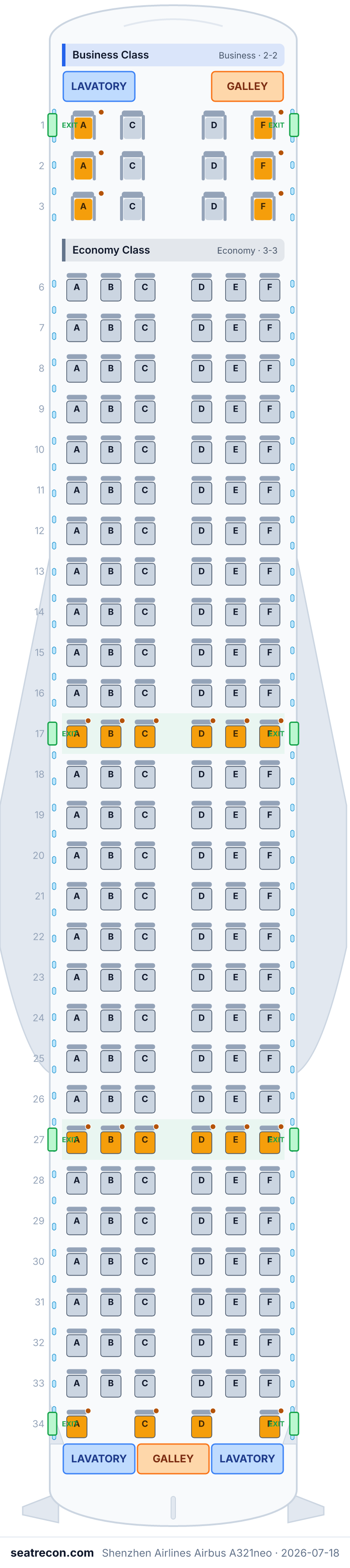Shenzhen Airlines Airbus A321neo seat map diagram — Business Class, Economy Class (184 seats)