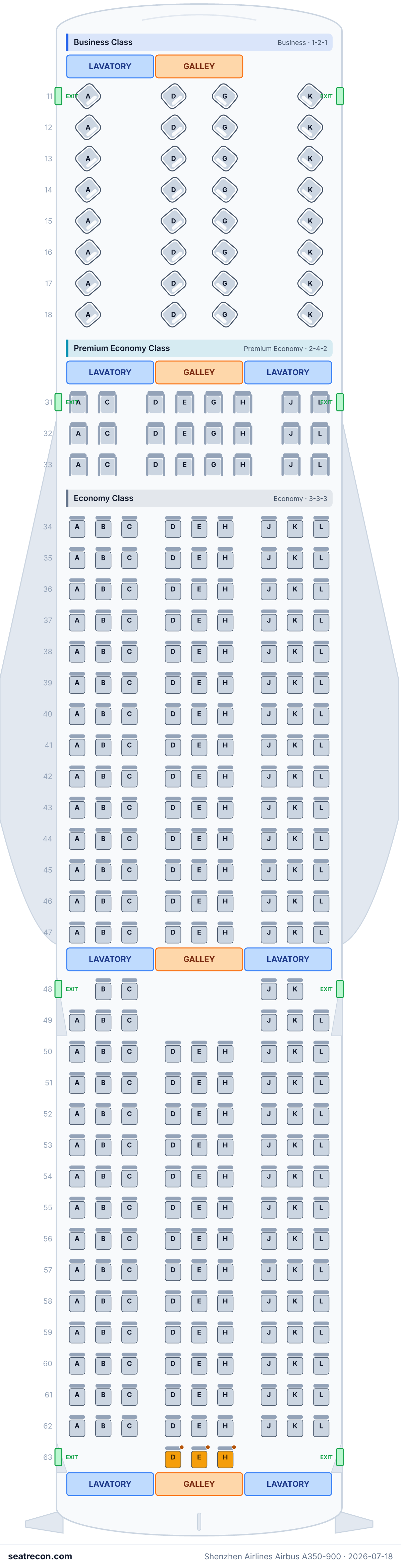 Shenzhen Airlines Airbus A350-900 seat map diagram — Business Class, Premium Economy Class, Economy Class (312 seats)