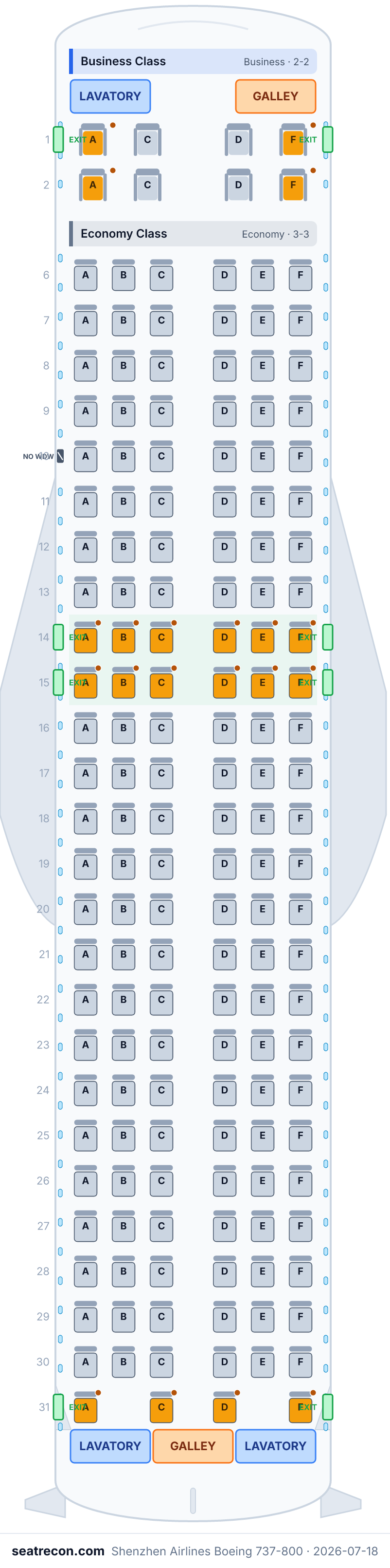 Shenzhen Airlines Boeing 737-800 seat map diagram — Business Class, Economy Class (162 seats)