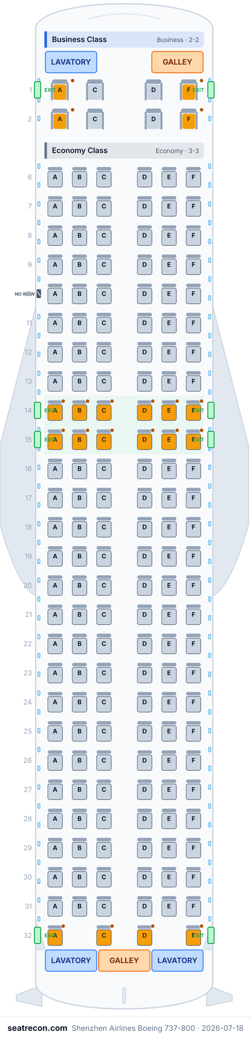 Shenzhen Airlines Boeing 737-800 seat map diagram — Business Class, Economy Class (168 seats)
