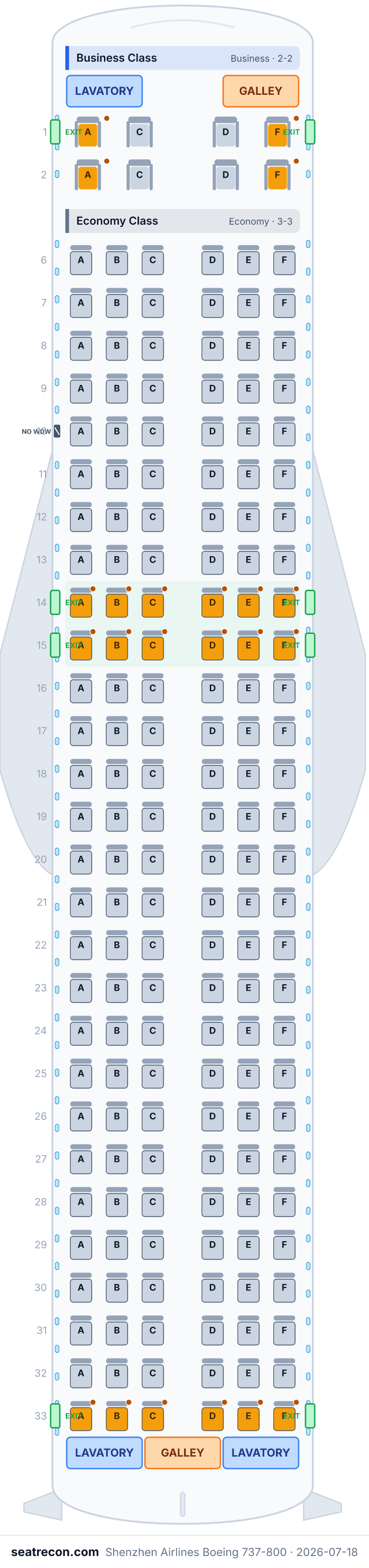Shenzhen Airlines Boeing 737-800 seat map diagram — Business Class, Economy Class (176 seats)