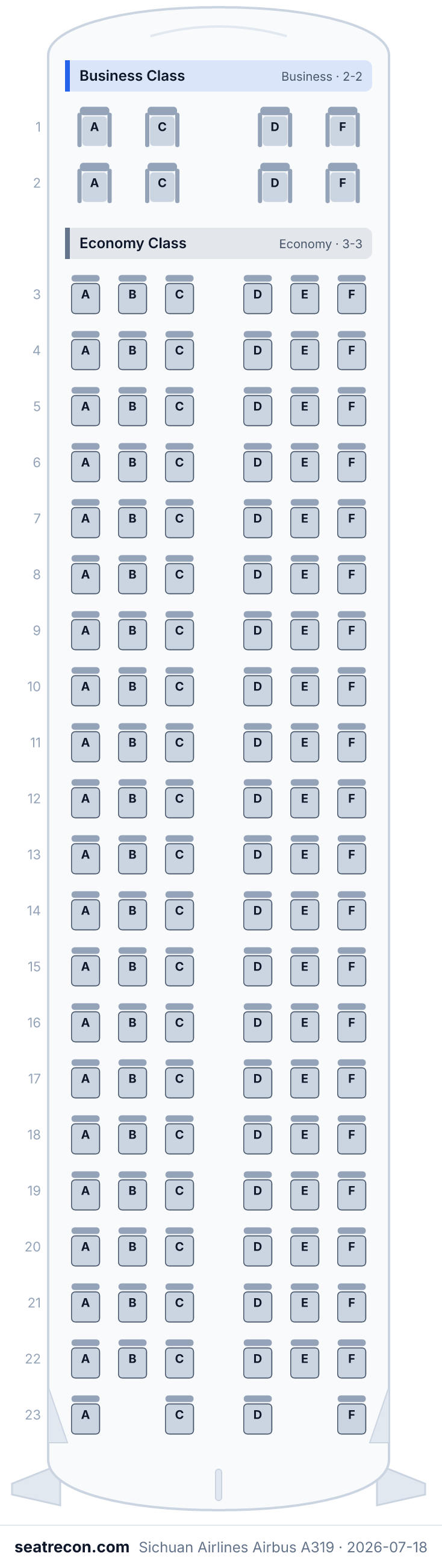 Sichuan Airlines Airbus A319 seat map diagram — Business Class, Economy Class (132 seats)
