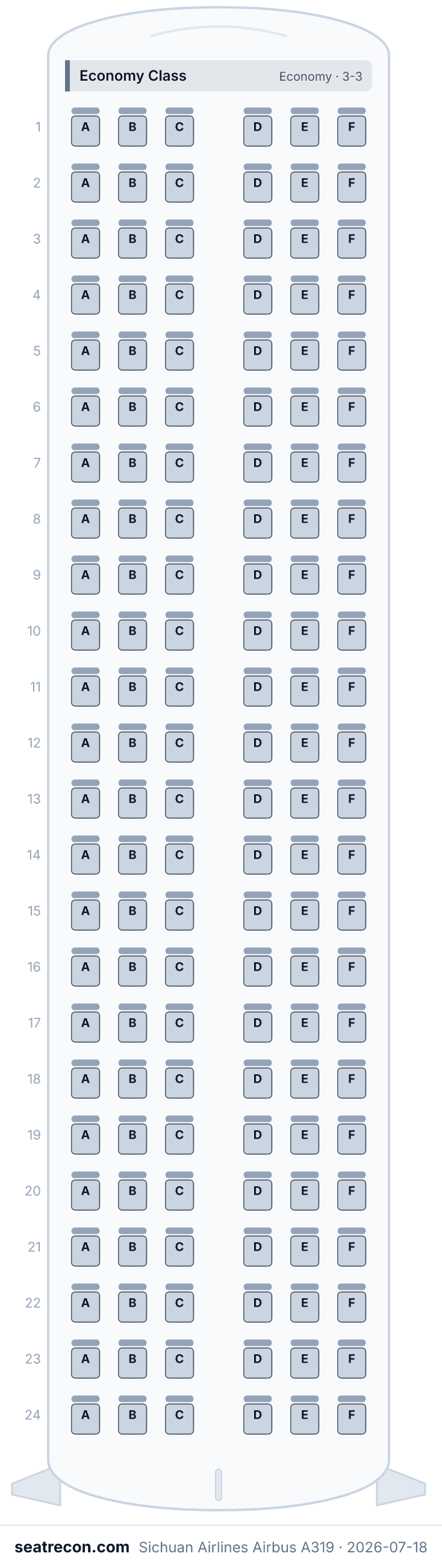 Sichuan Airlines Airbus A319 seat map diagram — Economy Class (144 seats)