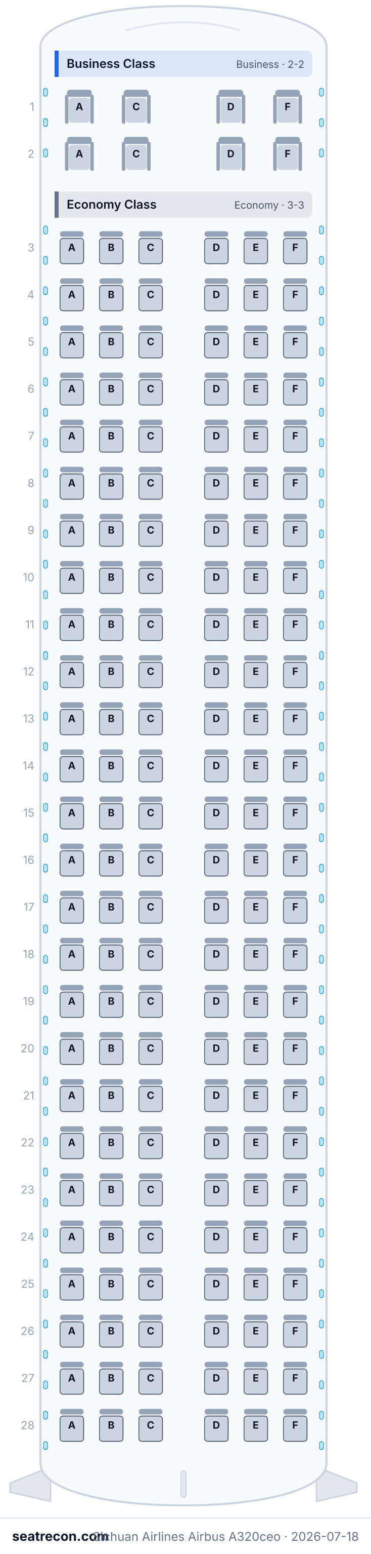 Sichuan Airlines Airbus A320ceo seat map diagram — Business Class, Economy Class (164 seats)