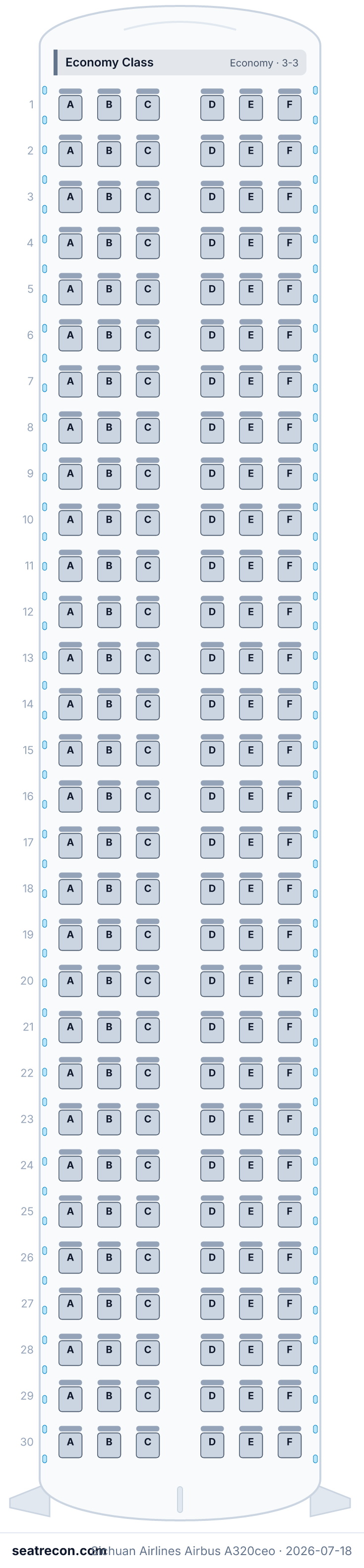 Sichuan Airlines Airbus A320ceo seat map diagram — Economy Class (180 seats)